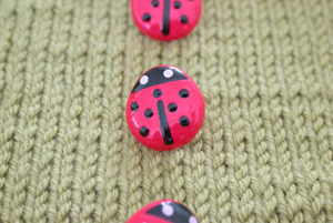 Debbie Bliss Jacket With Moss Stitch Bands. Lady bird buttons.