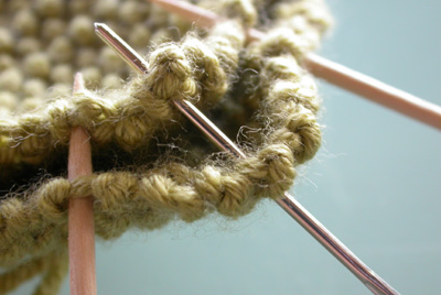 Debbie Bliss Moss Stitch Shoe - why use a pin when you can use a toothpick?